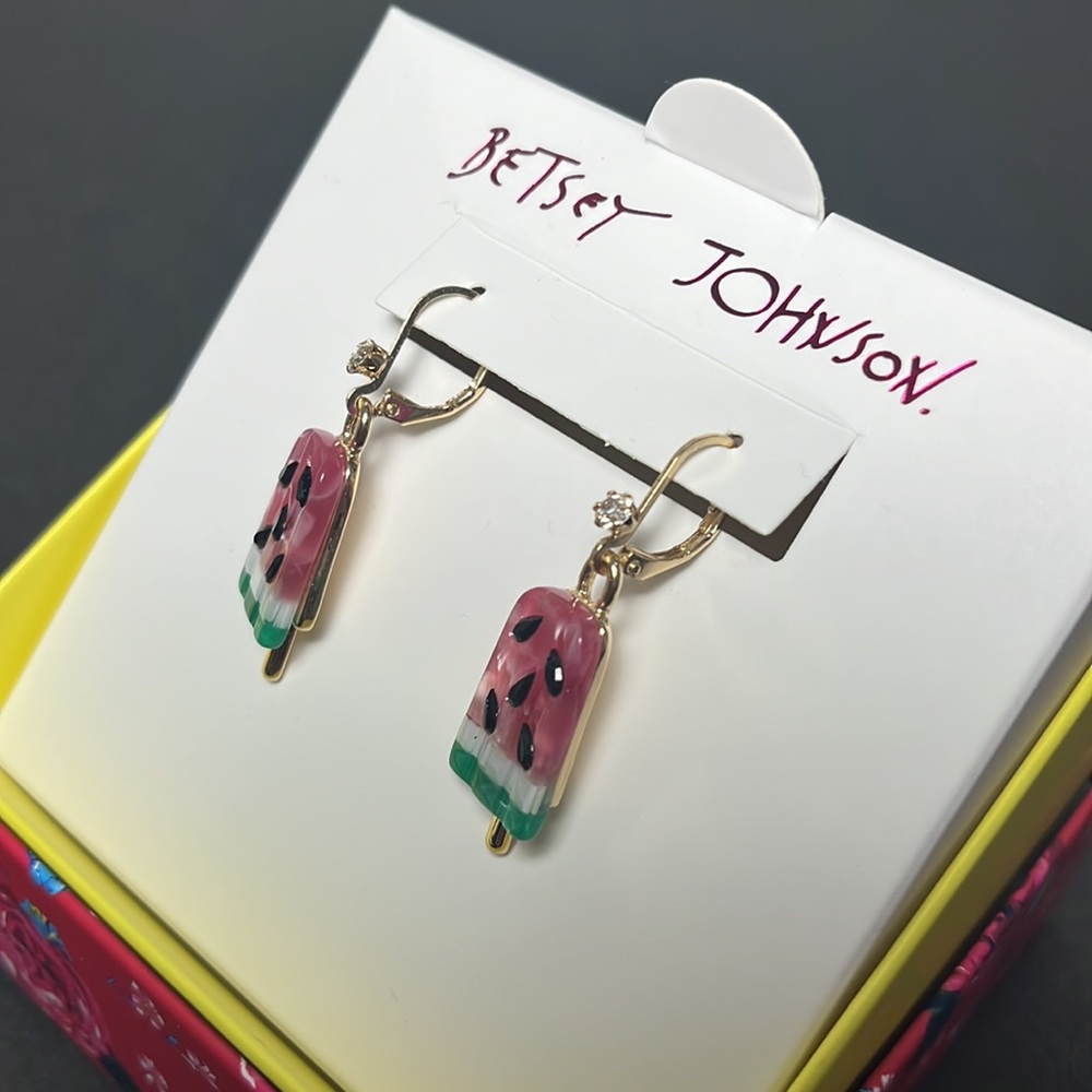 Betsey Johnson Watermelon Popsicle Dangle Drop Earrings NWT - Picture 5 of 8